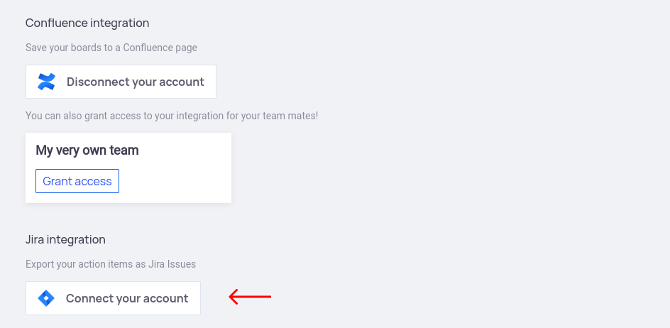 Jira connection button on EasyRetro Integration page