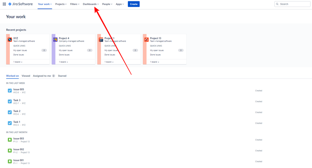 Jira Screenshot showing how to create a dashboard