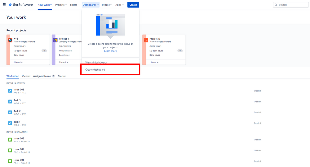 Jira Screenshot showing how to create a dashboard