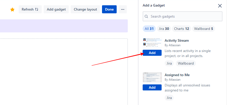 Jira Screenshot showing how to customize dashboard layout and add gadgets