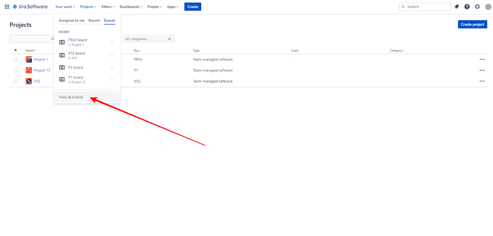 Jira Software screenshot showing View All Boards