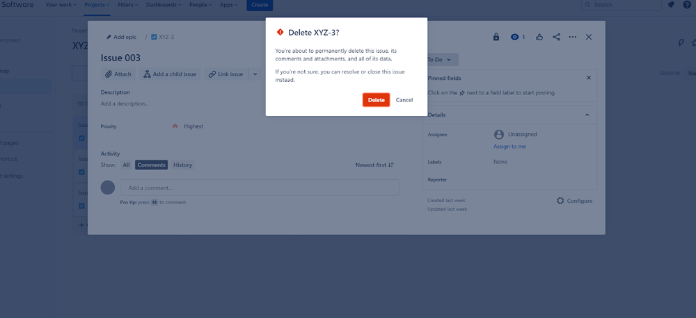 Jira Software screenshot showing the Delete confirmation dialog