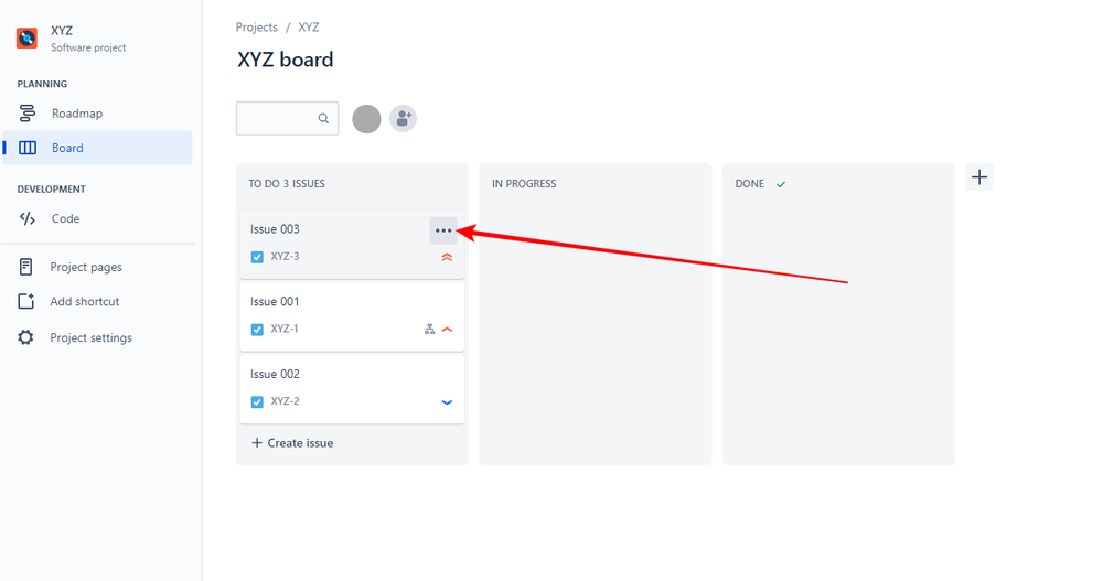 Jira Software screenshot showing the three-dots button of each issue card