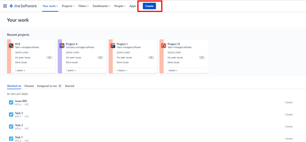 Jira Screenshot showing how to create a new issue