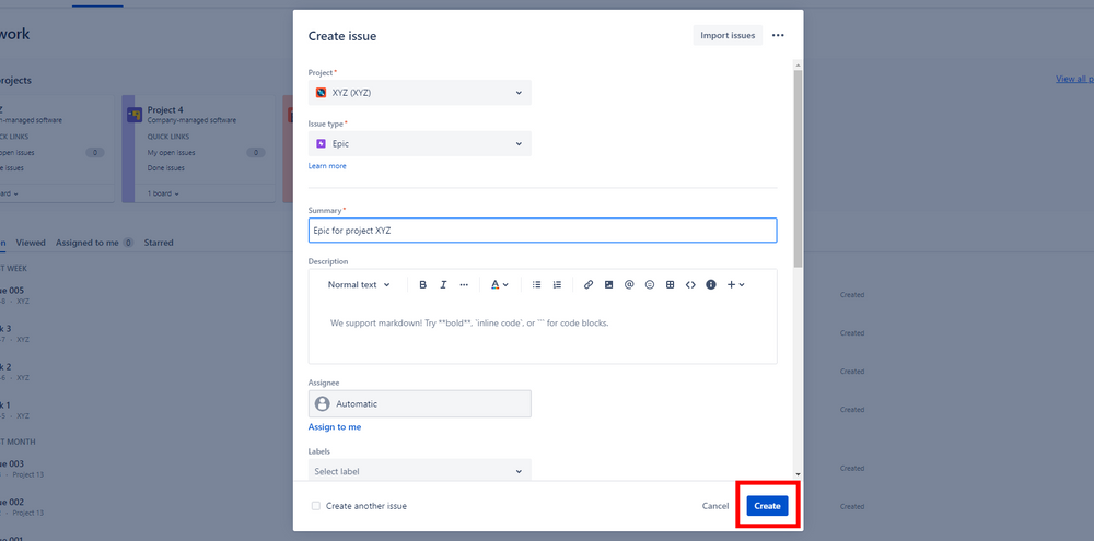 Jira Screenshot showing how to create a new issue