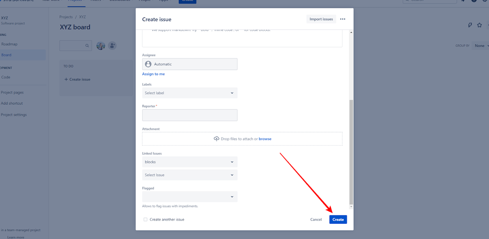 Jira Software screenshot showing the final Create Issue button.