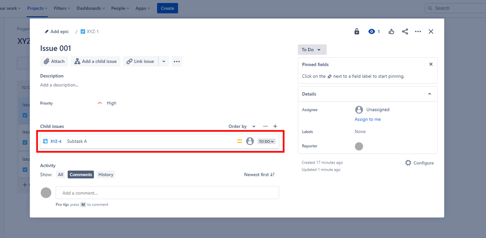 Jira Software screenshot showing the created subtask.