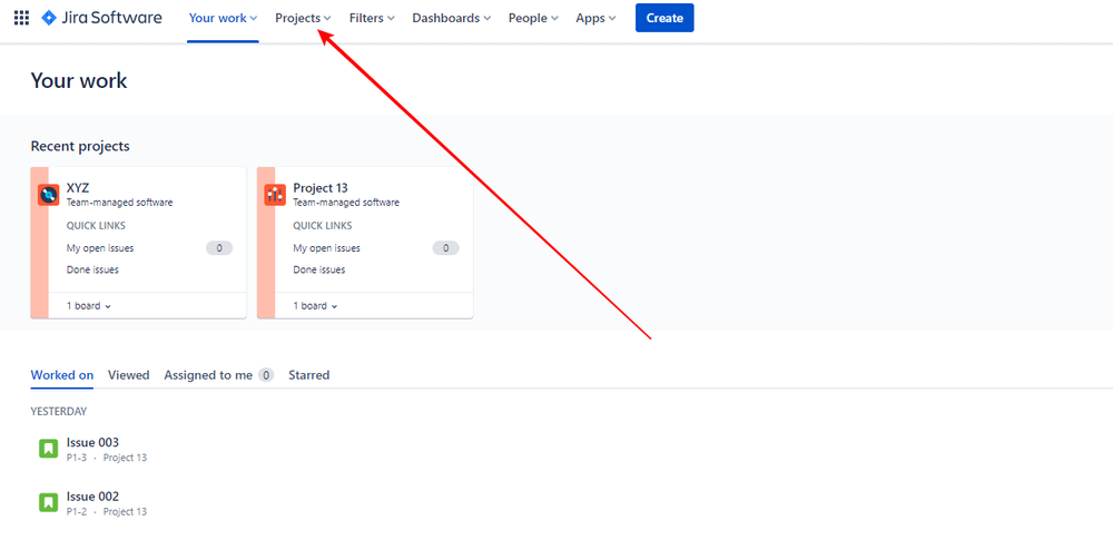 Jira Software screenshot showing the Projects tab