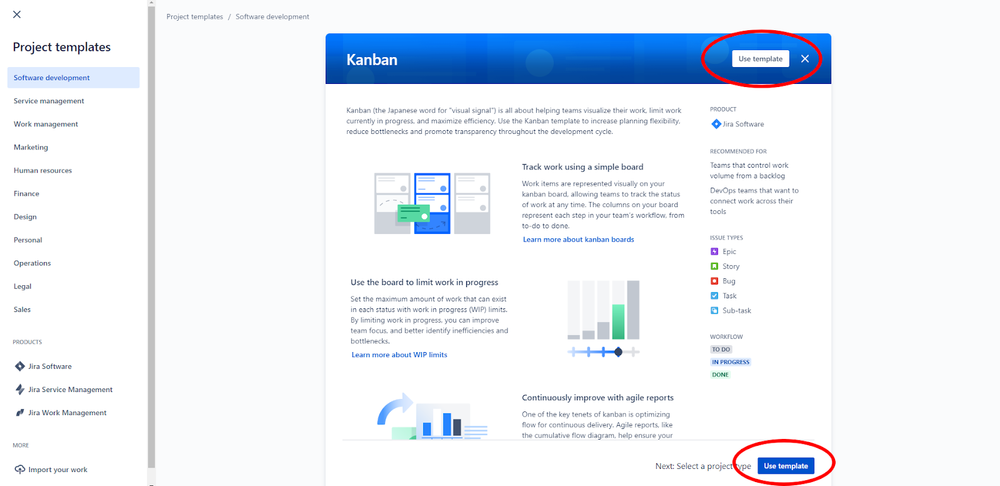 Jira Software screenshot showing the Use template button