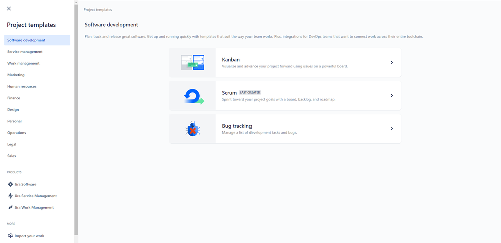 Jira Software screenshot showing the template options