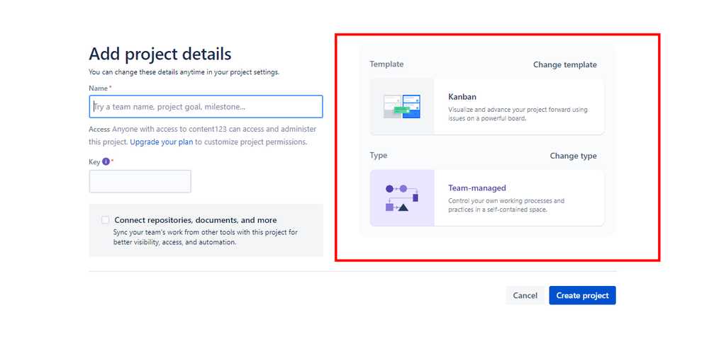 Jira Software screenshot showing how to change the template