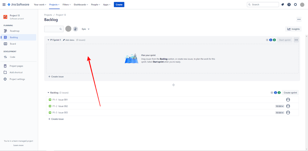 Jira Software screenshot showing where to drag issues.