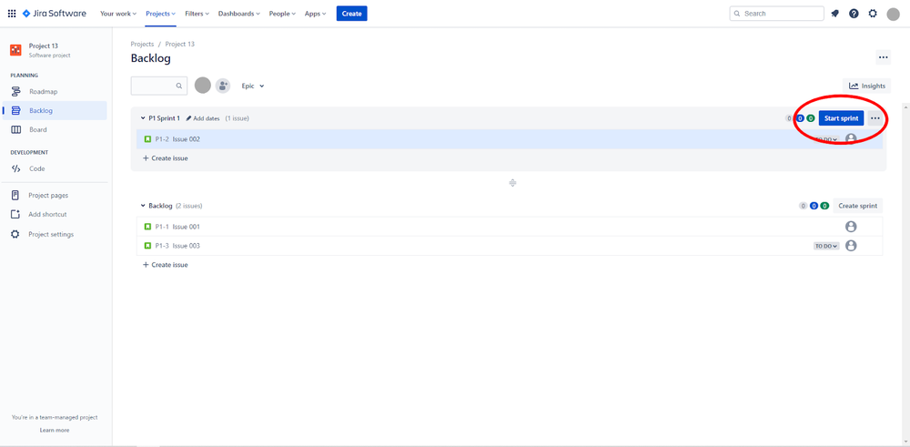 Jira Software screenshot showing the Start Sprint button.